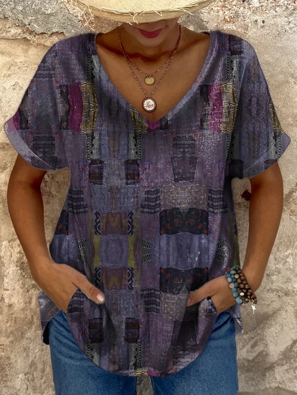 Women's retro ethnic patchwork print casual V-neck T-Shirt