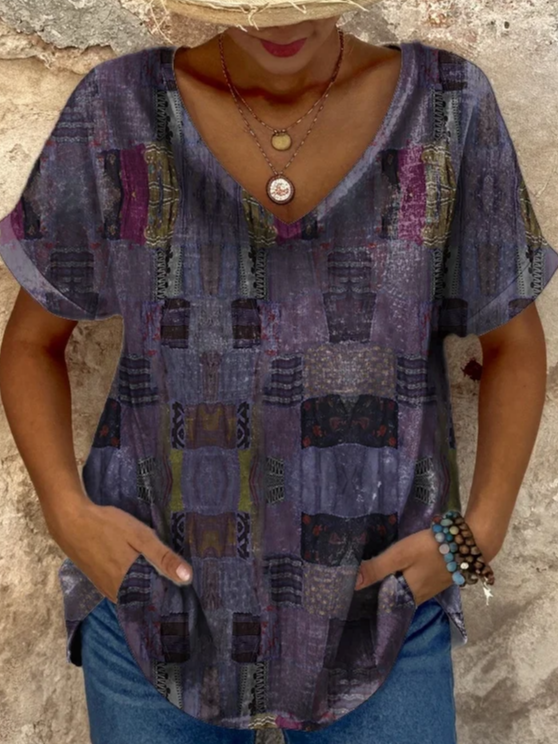 Women's retro ethnic patchwork print casual V-neck T-Shirt