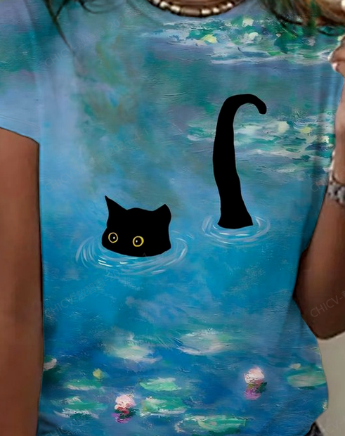 Women's Lotus Black Cat Print 3D Printing Casual T-shirt