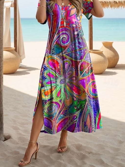 Women's Artistic Floral Print Slit Long Dress