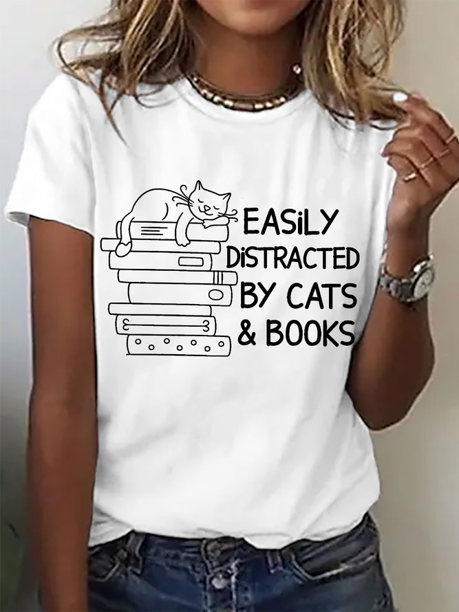 Easily Distracted By Cats And Books Cotton T-shirt