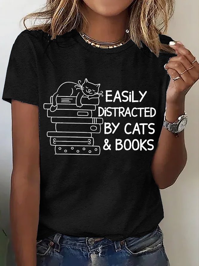 Easily Distracted By Cats And Books Cotton T-shirt