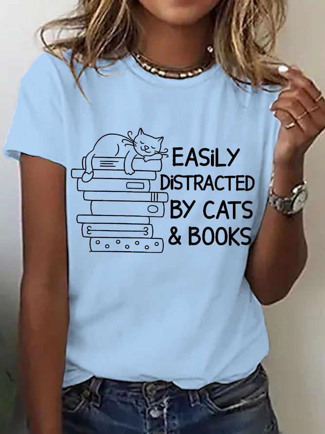 Easily Distracted By Cats And Books Cotton T-shirt