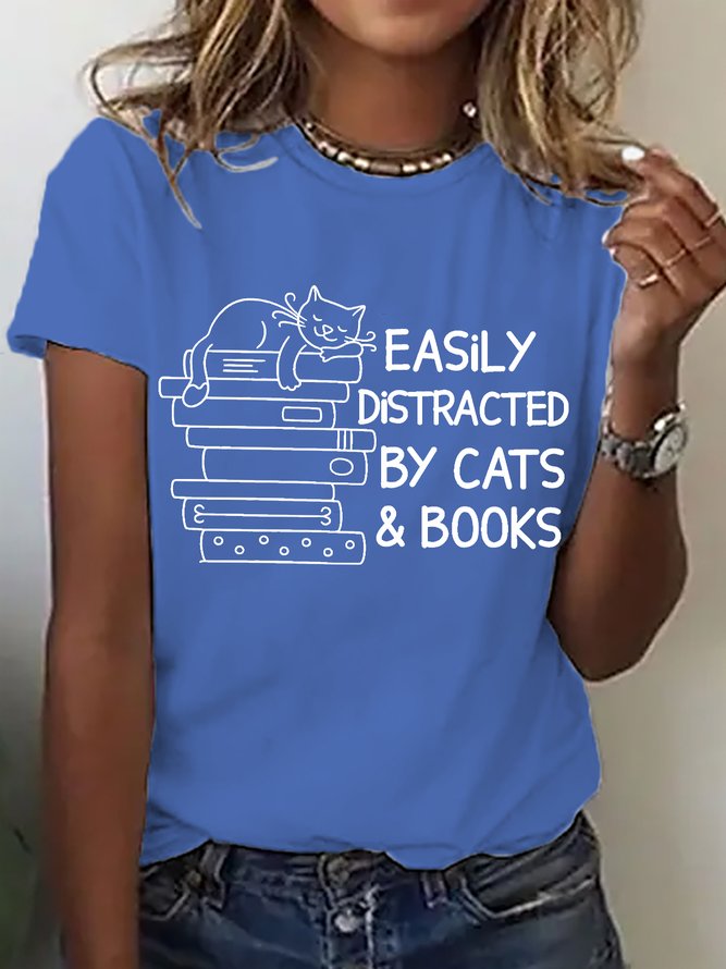 Easily Distracted By Cats And Books Cotton T-shirt