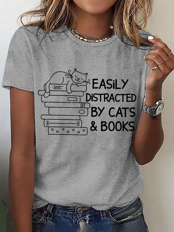 Easily Distracted By Cats And Books Cotton T-shirt