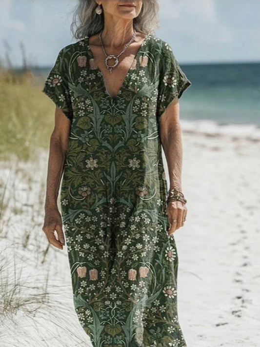 Women's Vintage Floral Print V-Neck Dress