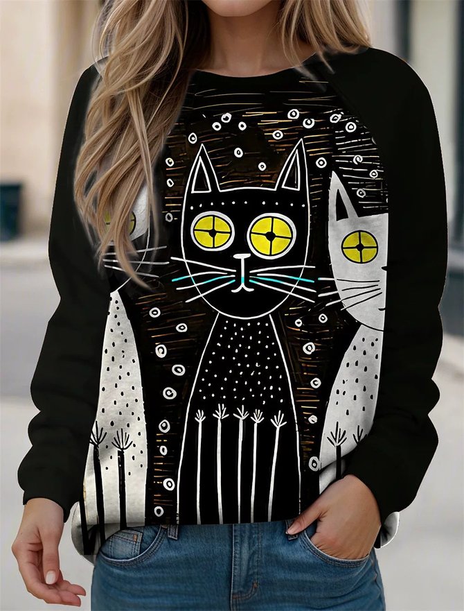 Casual Cat Crew Neck Loose Sweatshirt