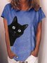 Women's Black cat Print Crew Neck Casual T-Shirt