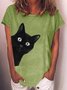 Women's Black cat Print Crew Neck Casual T-Shirt