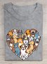 Heart shaped dog print round neck casual short sleeved T-shirt