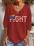 Ladies Casual Red American Flag Battle Print Ladies V-Neck Loose Long-Sleeved T-Shirt