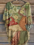 Women's Vintage Patchwork Print Punk Hippie Batwing Tussle Fringes Poncho T-Shirt