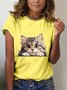 Women's Short Sleeve T-shirt Summer Black Cat Cotton-Blend Crew Neck Daily Going Out Casual Top