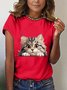 Women's Short Sleeve T-shirt Summer Black Cat Cotton-Blend Crew Neck Daily Going Out Casual Top