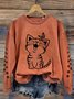 Cat Print Round Neck Long Sleeve Sweatshirt