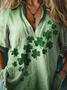 Women's vintage St. Patrick's Day Clover Art Print casual linen V-neck shirt