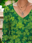 Women's V-neck St. Patrick's Day Shamrock Print Long Sleeve T-shirt