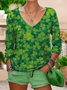 Women's V-neck St. Patrick's Day Shamrock Print Long Sleeve T-shirt