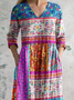 Women's Kantha style floral pattern V-neck dress with pockets