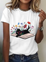 Cute Floral Cat Cotton T-Shirt