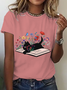 Cute Floral Cat Cotton T-Shirt