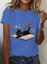 Cute Floral Cat Cotton T-Shirt