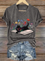 Cat Book Casual Loose V Neck T-Shirt